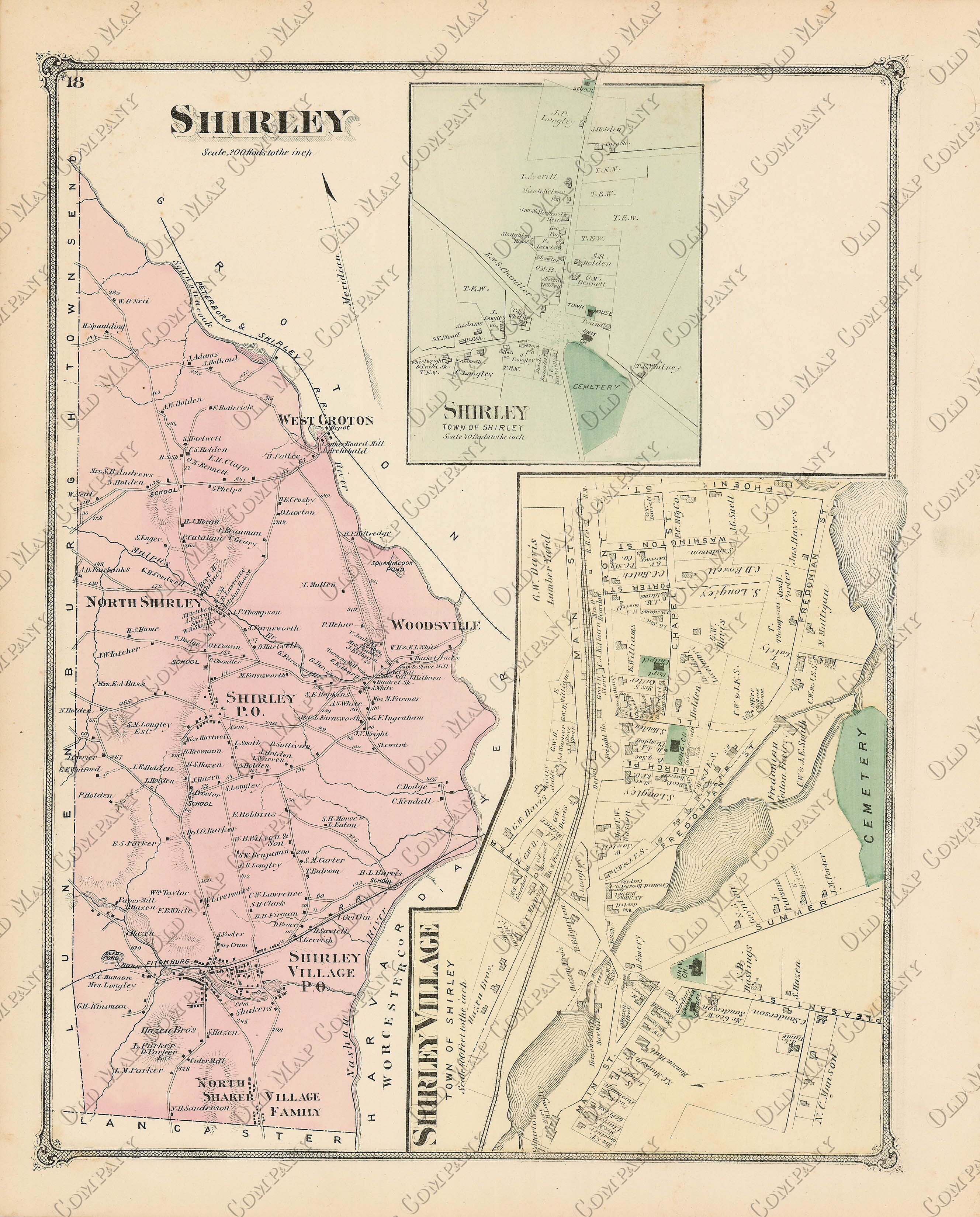 SHIRLEY, Massachusetts 1875 Map Replica or Genuine ORIGINAL